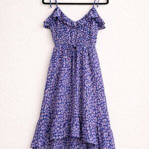 Sienna Sky Blue Floral Midi Dress | Ruffle Detail | Adjustable Straps | Size S